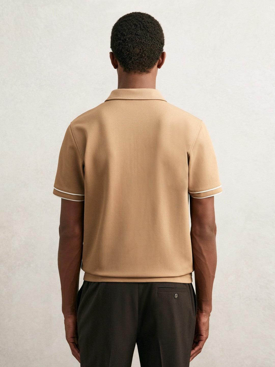 Men Textured Half-Zip Tipped Polo Shirt in Camel
