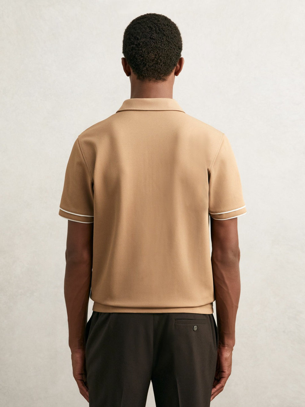 Men Textured Half-Zip Tipped Polo Shirt in Camel