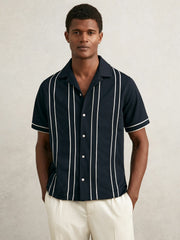 Men Piped-Stripe Cuban-Collar Shirt in Navy/White