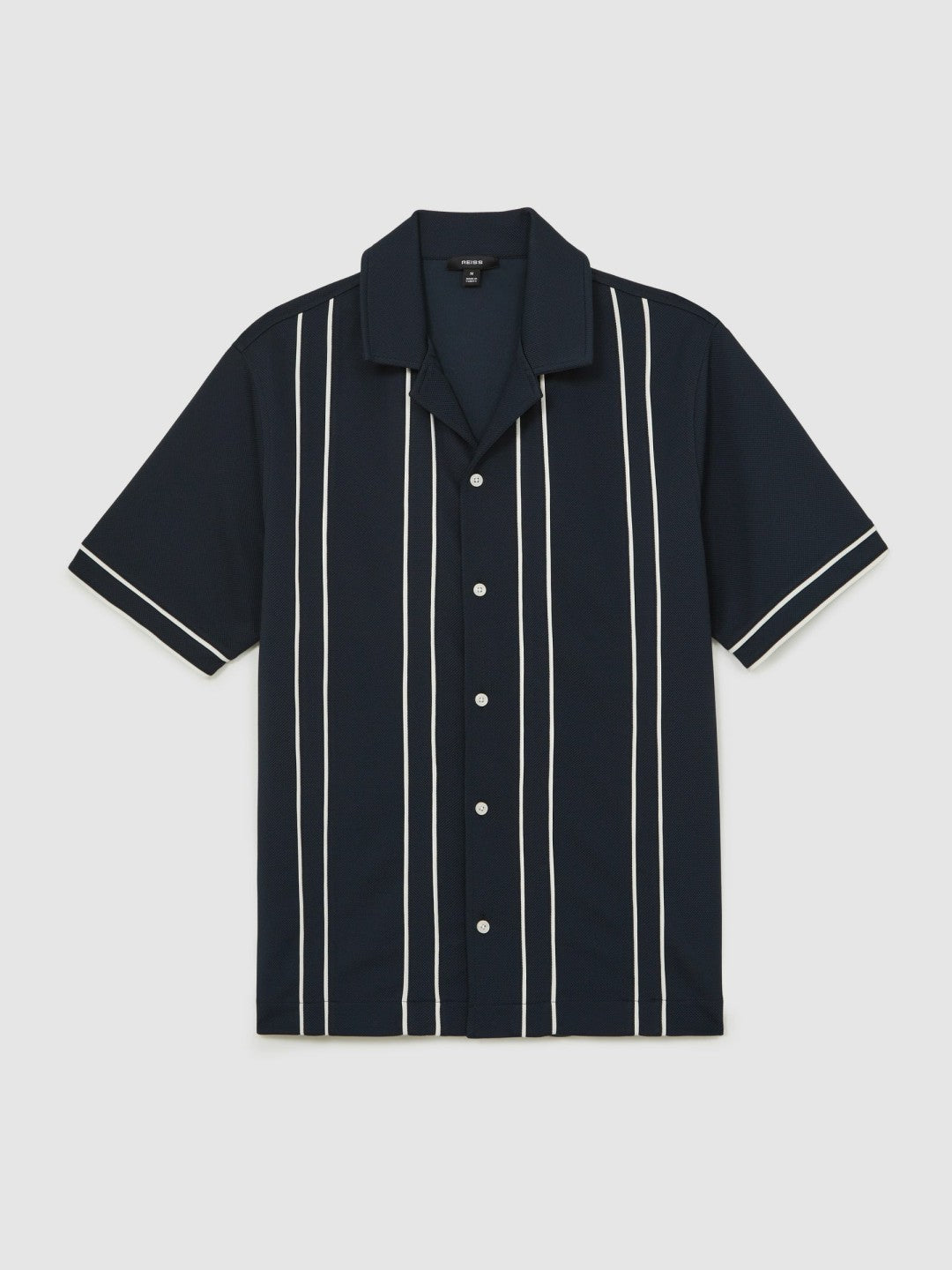 Men Piped-Stripe Cuban-Collar Shirt in Navy/White