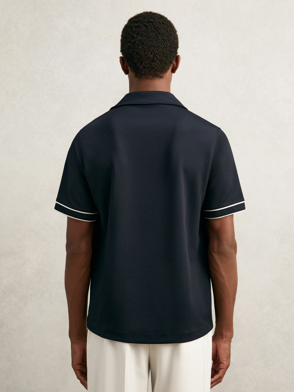 Men Piped-Stripe Cuban-Collar Shirt in Navy/White