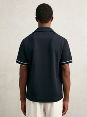 Men Piped-Stripe Cuban-Collar Shirt in Navy/White