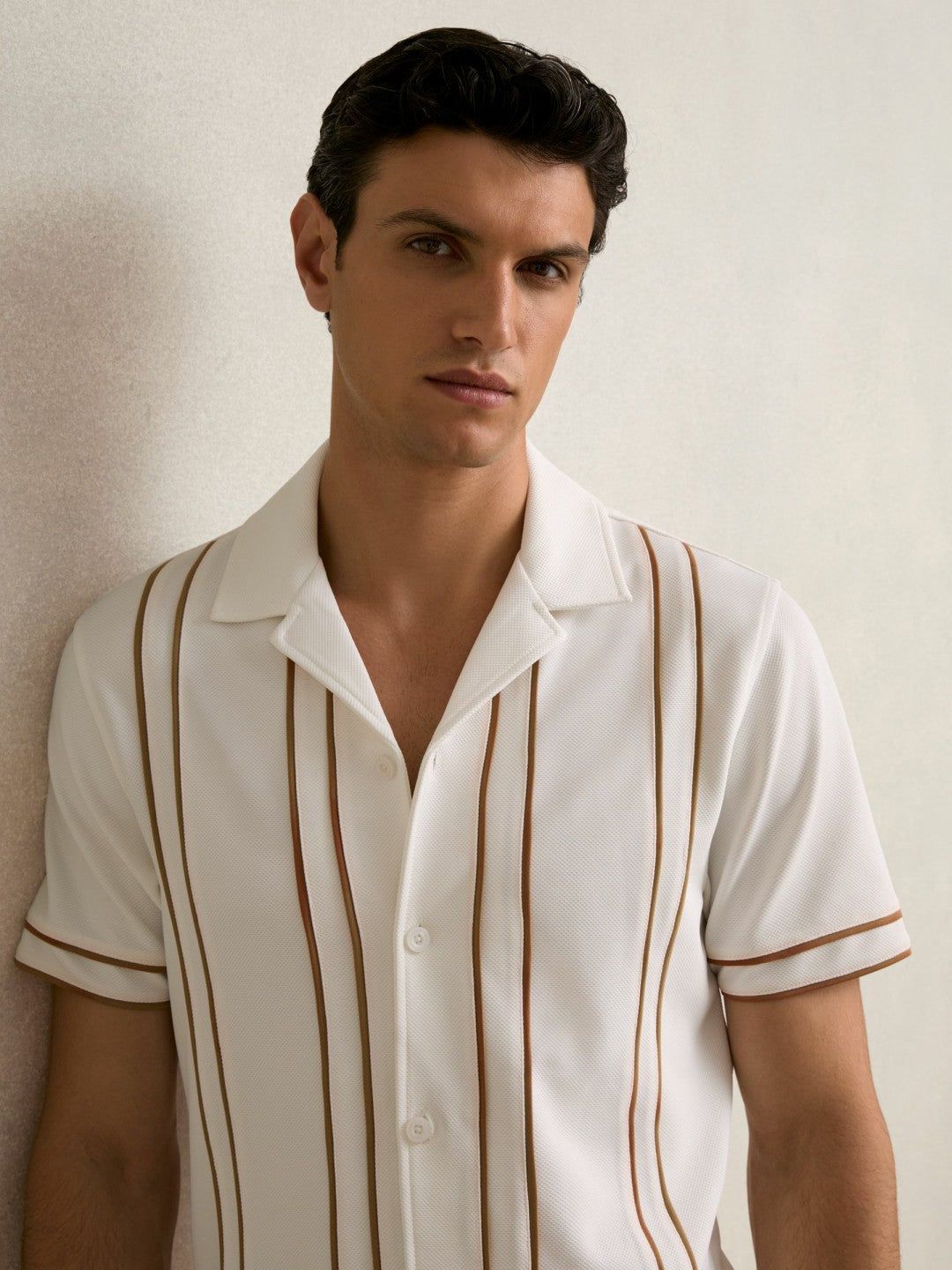 Men Piped-Stripe Cuban-Collar Shirt in White/Camel