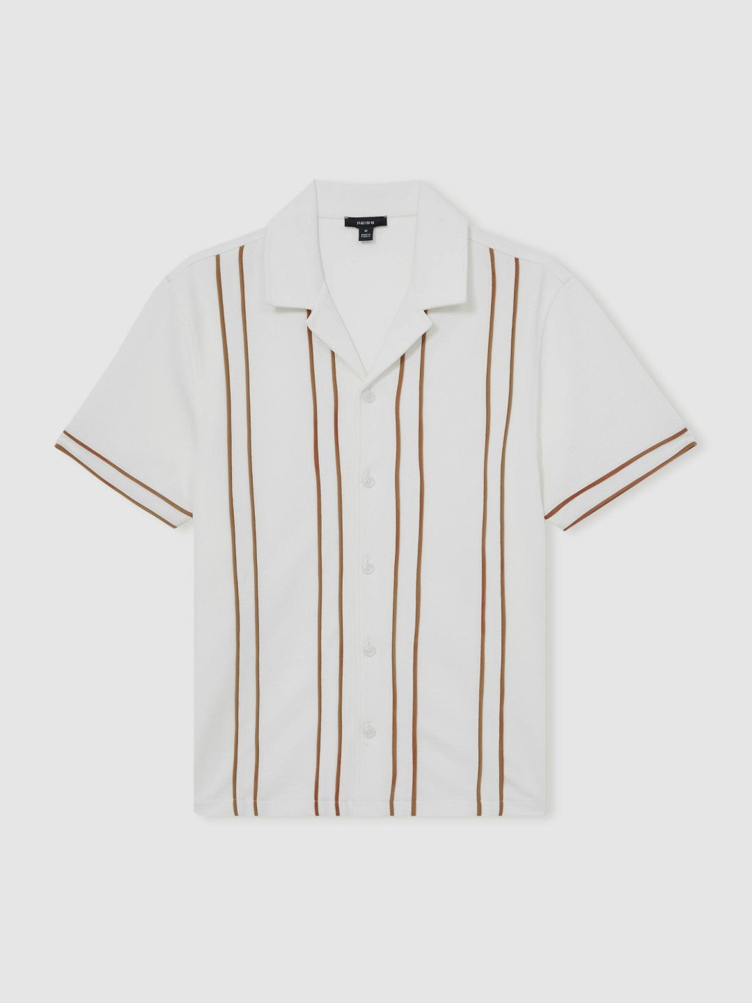 Men Piped-Stripe Cuban-Collar Shirt in White/Camel
