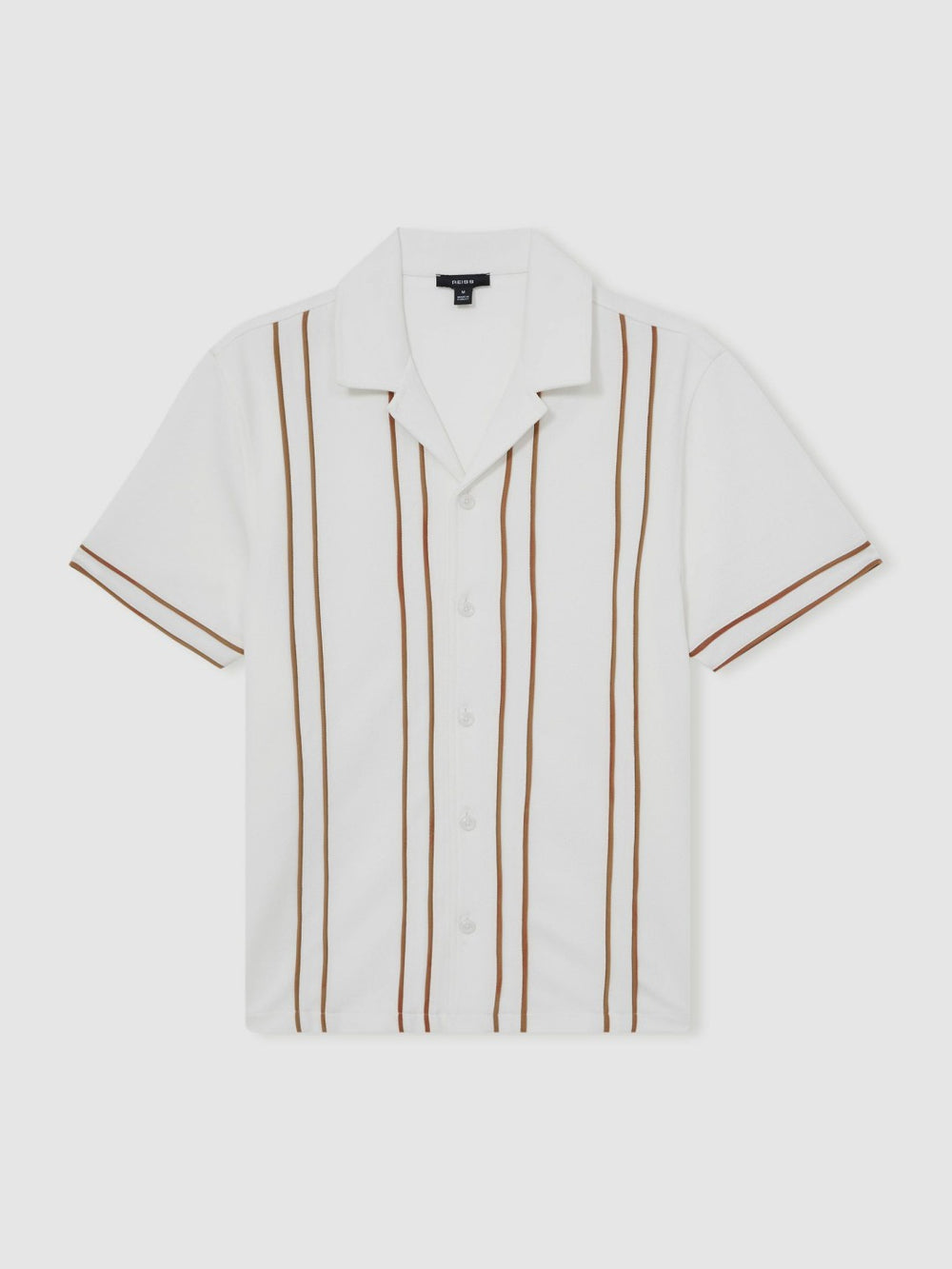 Men Piped-Stripe Cuban-Collar Shirt in White/Camel