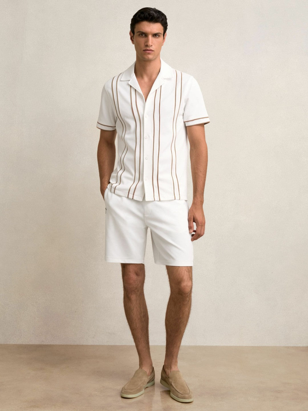 Men Piped-Stripe Cuban-Collar Shirt in White/Camel