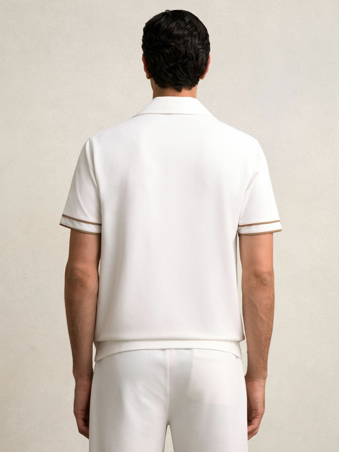 Men Piped-Stripe Cuban-Collar Shirt in White/Camel