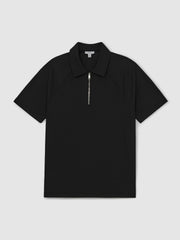 Men Textured Raglan Half-Zip Polo Shirt in Black