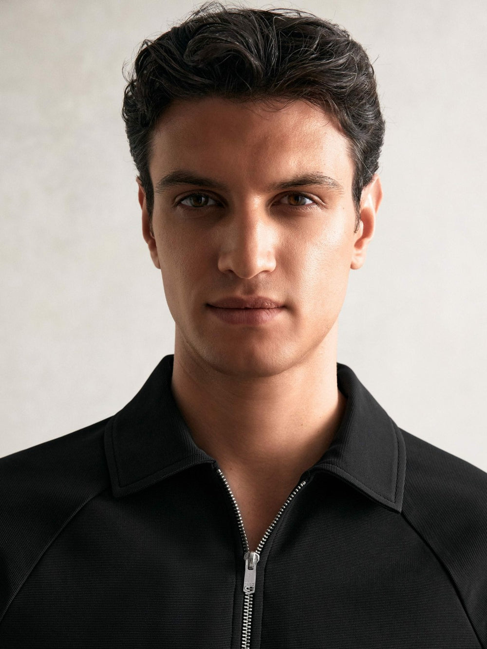 Men Textured Raglan Half-Zip Polo Shirt in Black