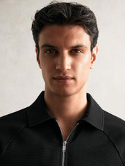 Men Textured Raglan Half-Zip Polo Shirt in Black