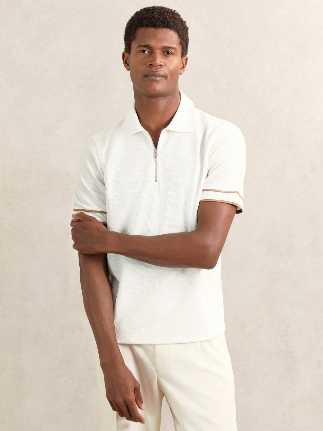 Men Textured Half-Zip Tipped Polo Shirt in White