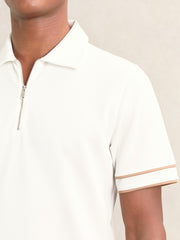 Men Textured Half-Zip Tipped Polo Shirt in White