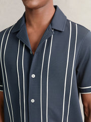 Men Piped-Stripe Cuban-Collar Shirt in Airforce Blue