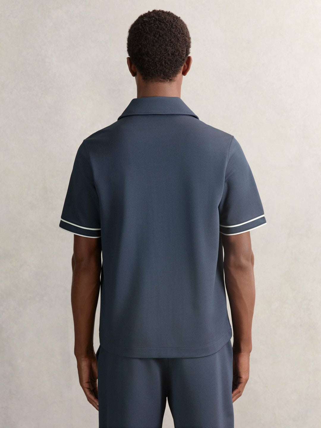 Men Piped-Stripe Cuban-Collar Shirt in Airforce Blue