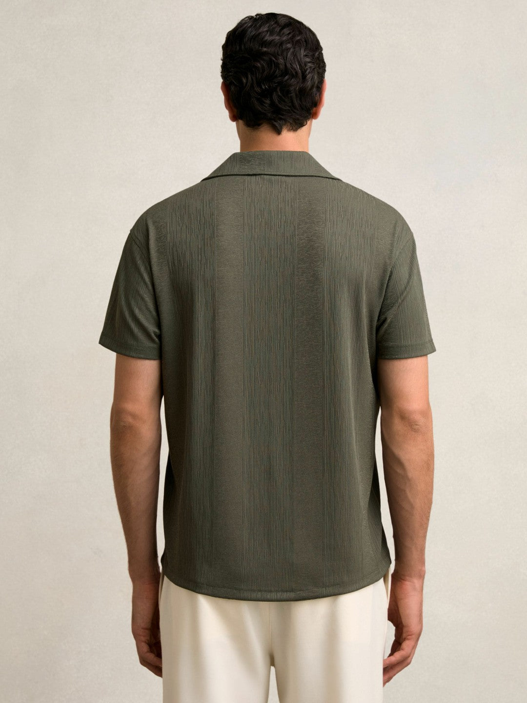 Men Jacquard-Stripe Cuban-Collar Shirt in Dark Green