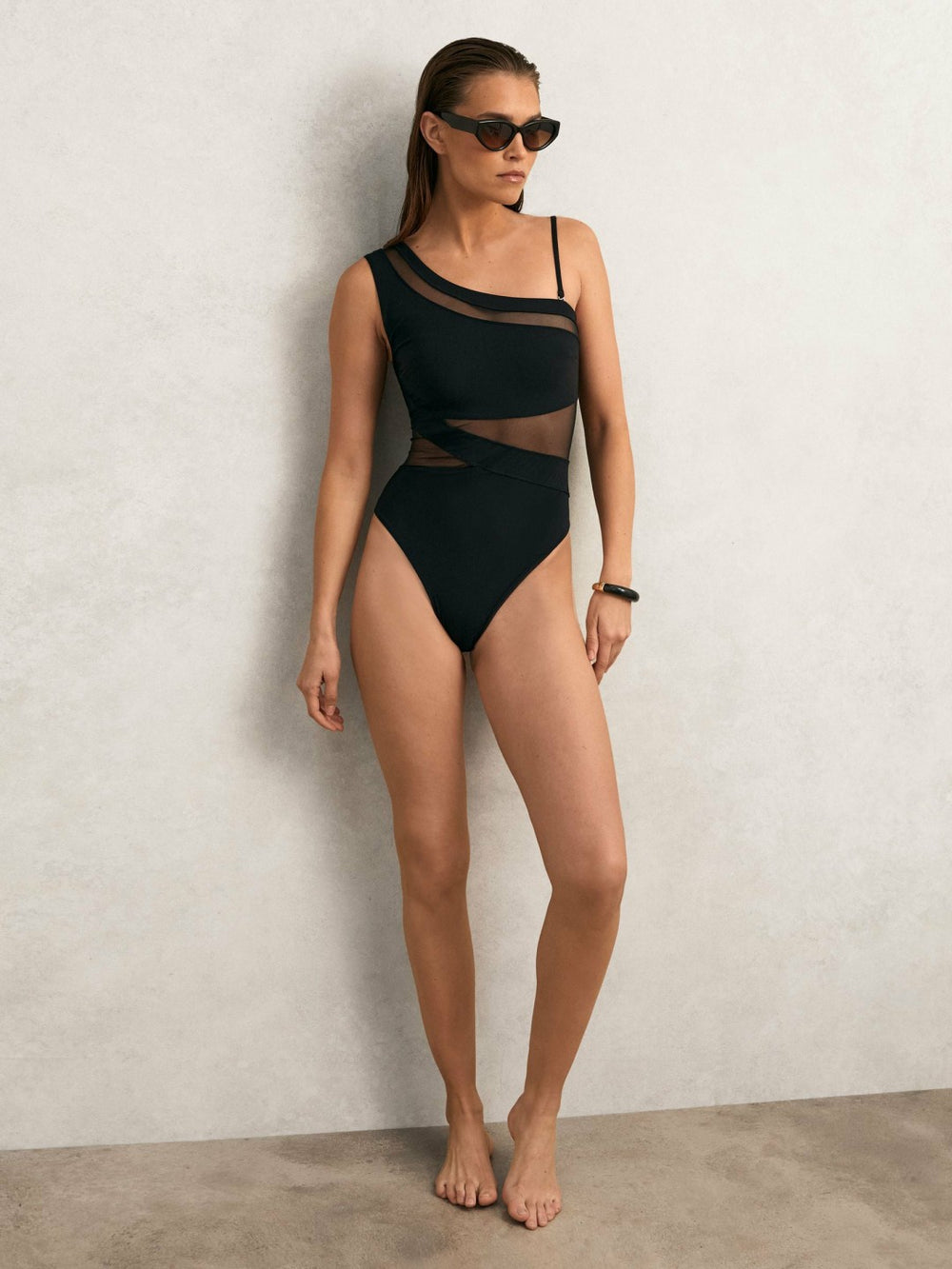 Women One Shoulder Mesh Panel Swimsuit in Black