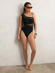 Women One Shoulder Mesh Panel Swimsuit in Black