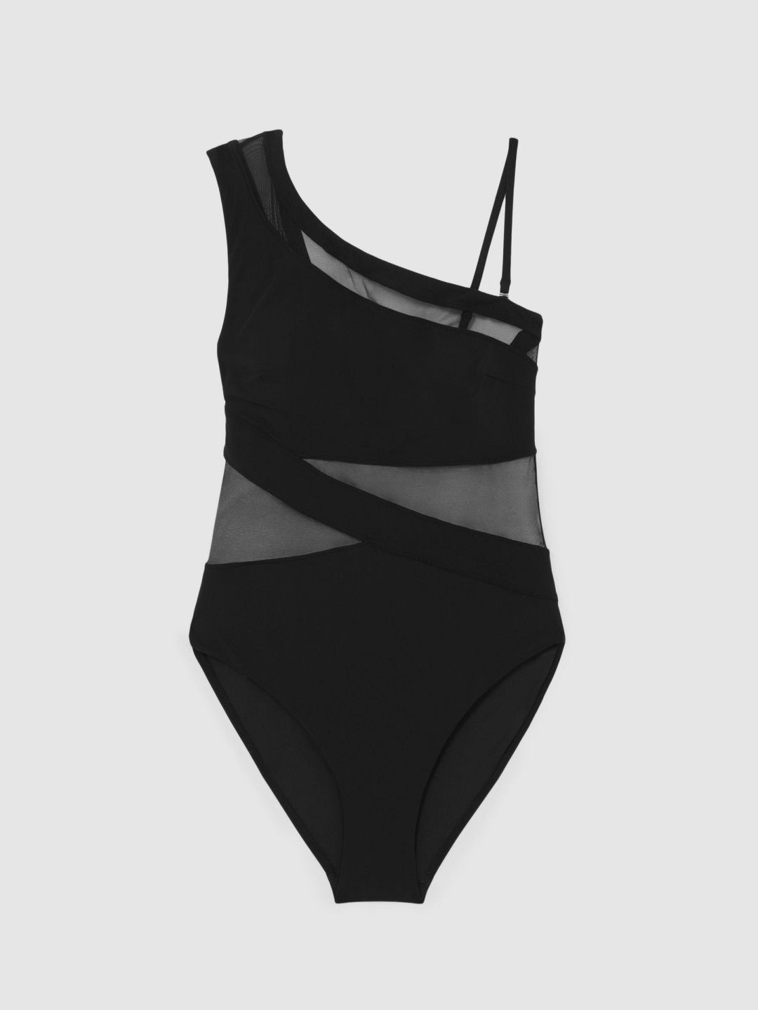 Women One Shoulder Mesh Panel Swimsuit in Black