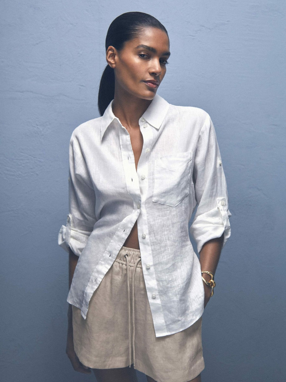 Women Linen-Blend Drawstring Shorts in Neutral