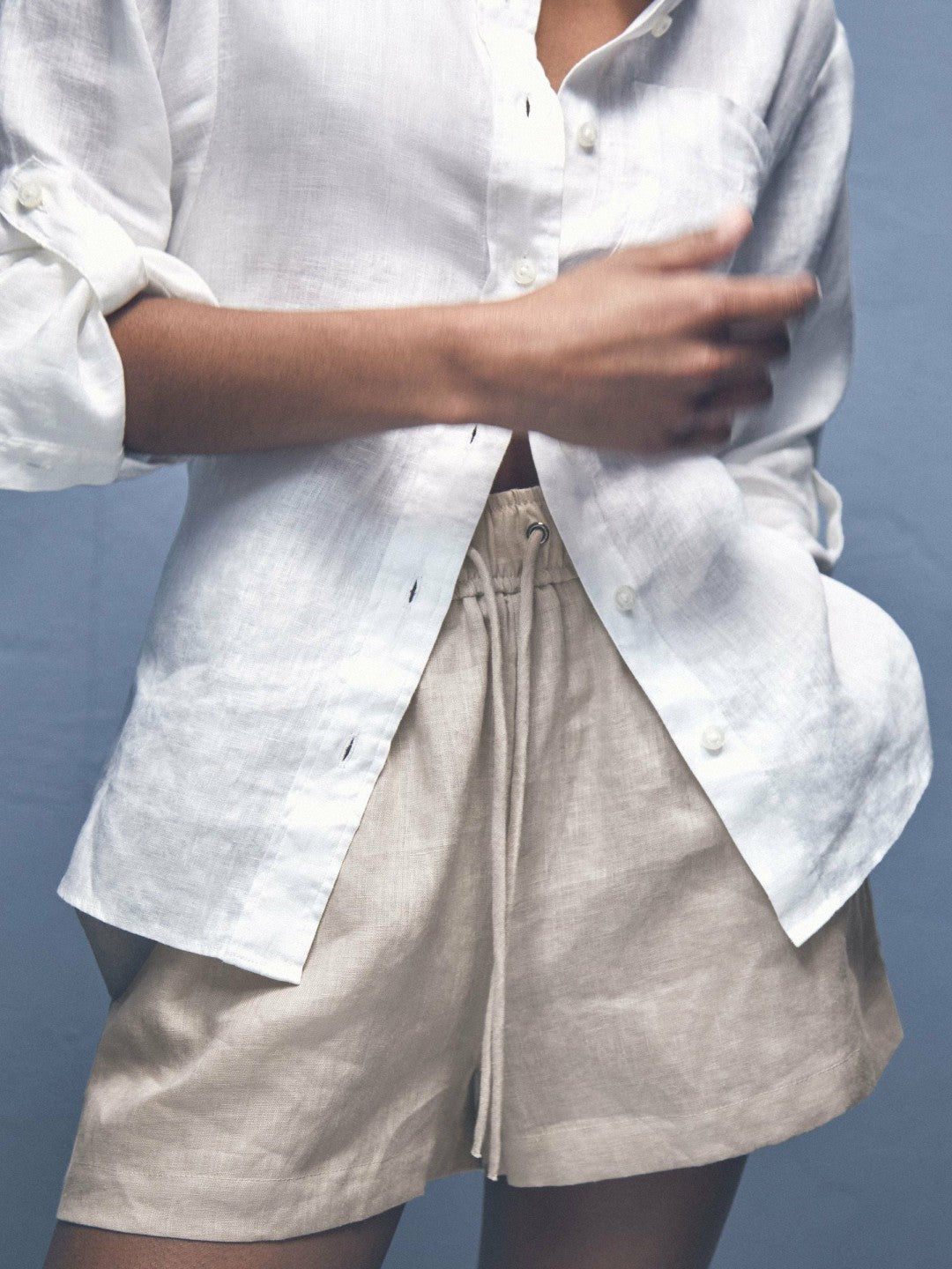 Women Linen-Blend Drawstring Shorts in Neutral