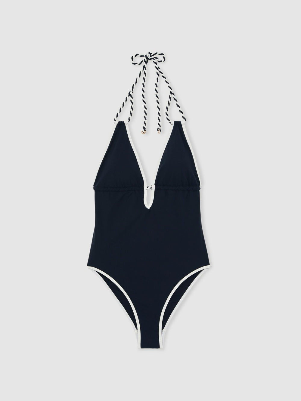 Women Contrast-Trim Plunge-Neck Swimsuit in Navy/White