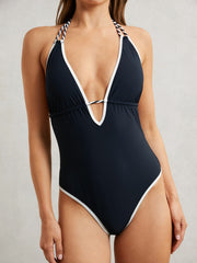 Women Contrast-Trim Plunge-Neck Swimsuit in Navy/White