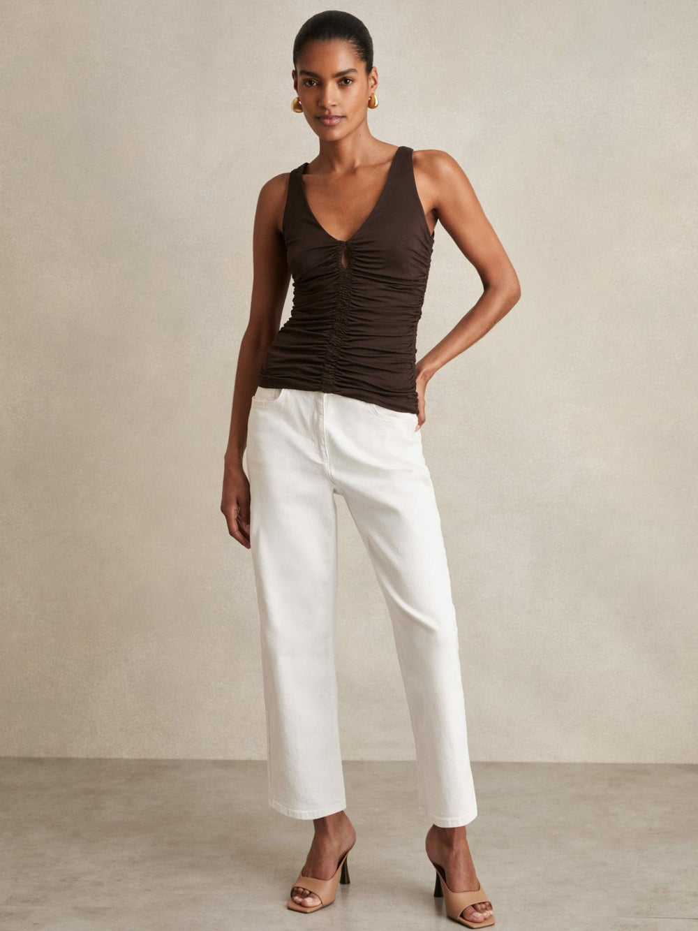 Women Stretch Lyocell Jersey Ruched Vest in Chocolate Brown