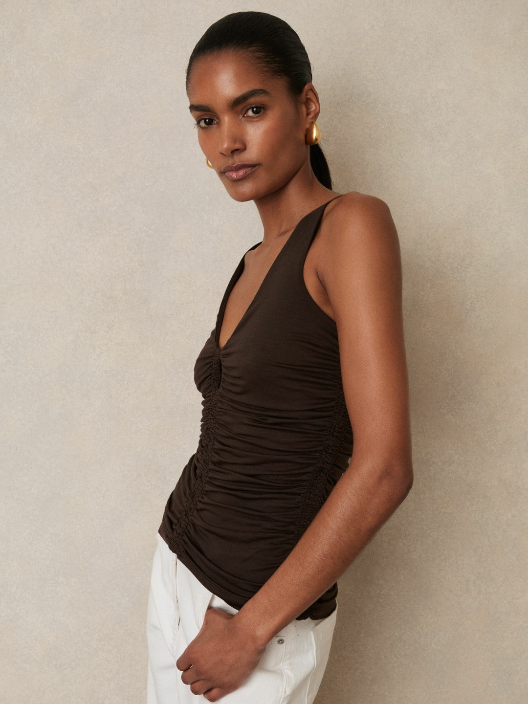 Women Stretch Lyocell Jersey Ruched Vest in Chocolate Brown