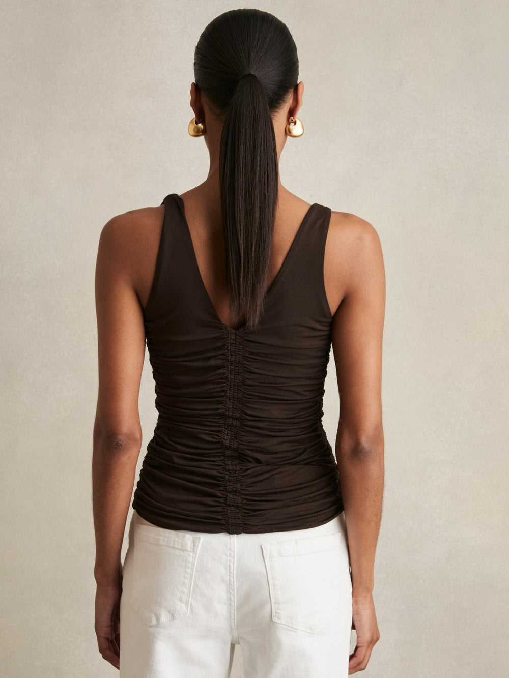 Women Stretch Lyocell Jersey Ruched Vest in Chocolate Brown