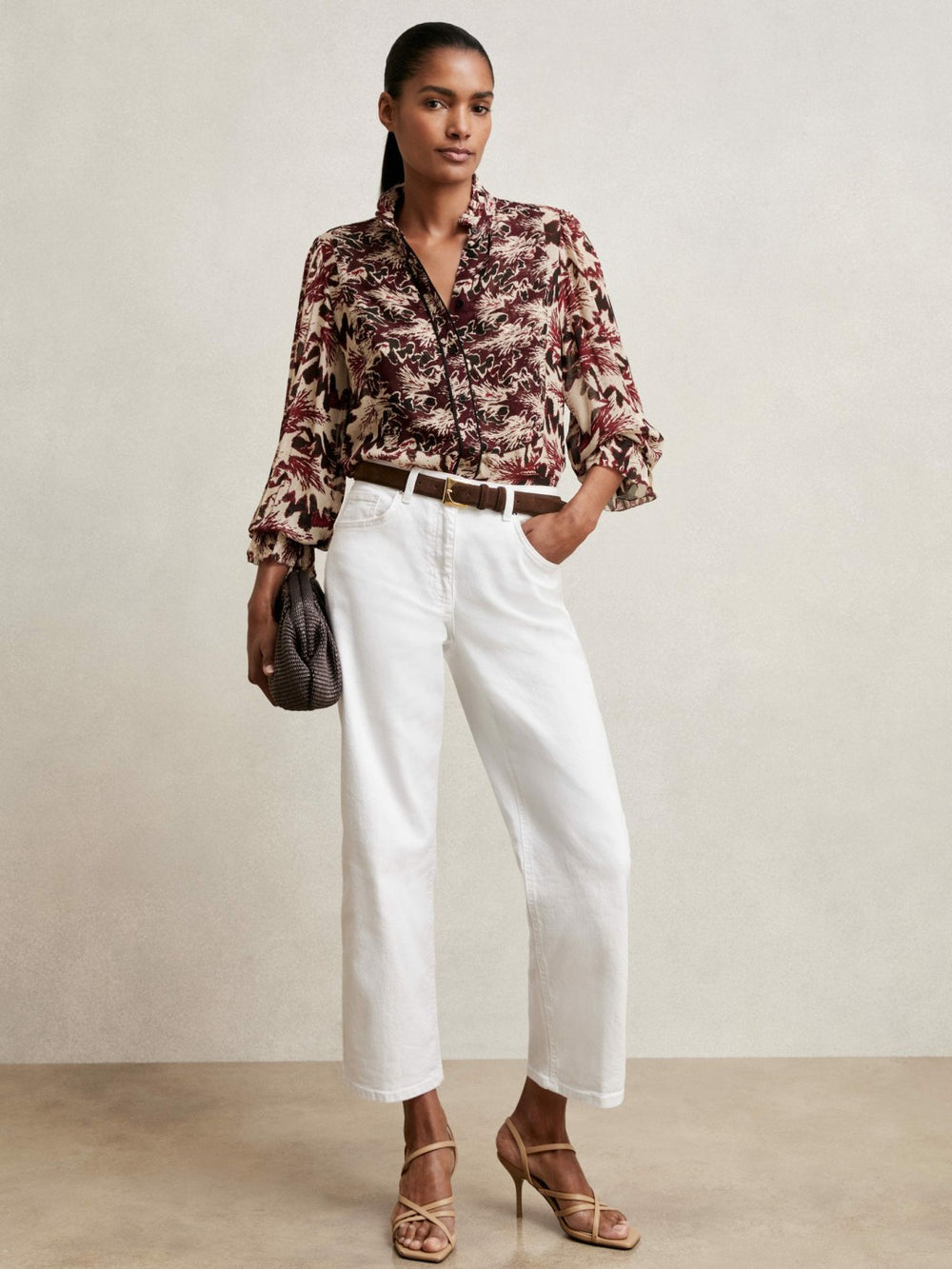 Women Abstract-Print Ruffle-Neck Shirt in Burgundy/Cream