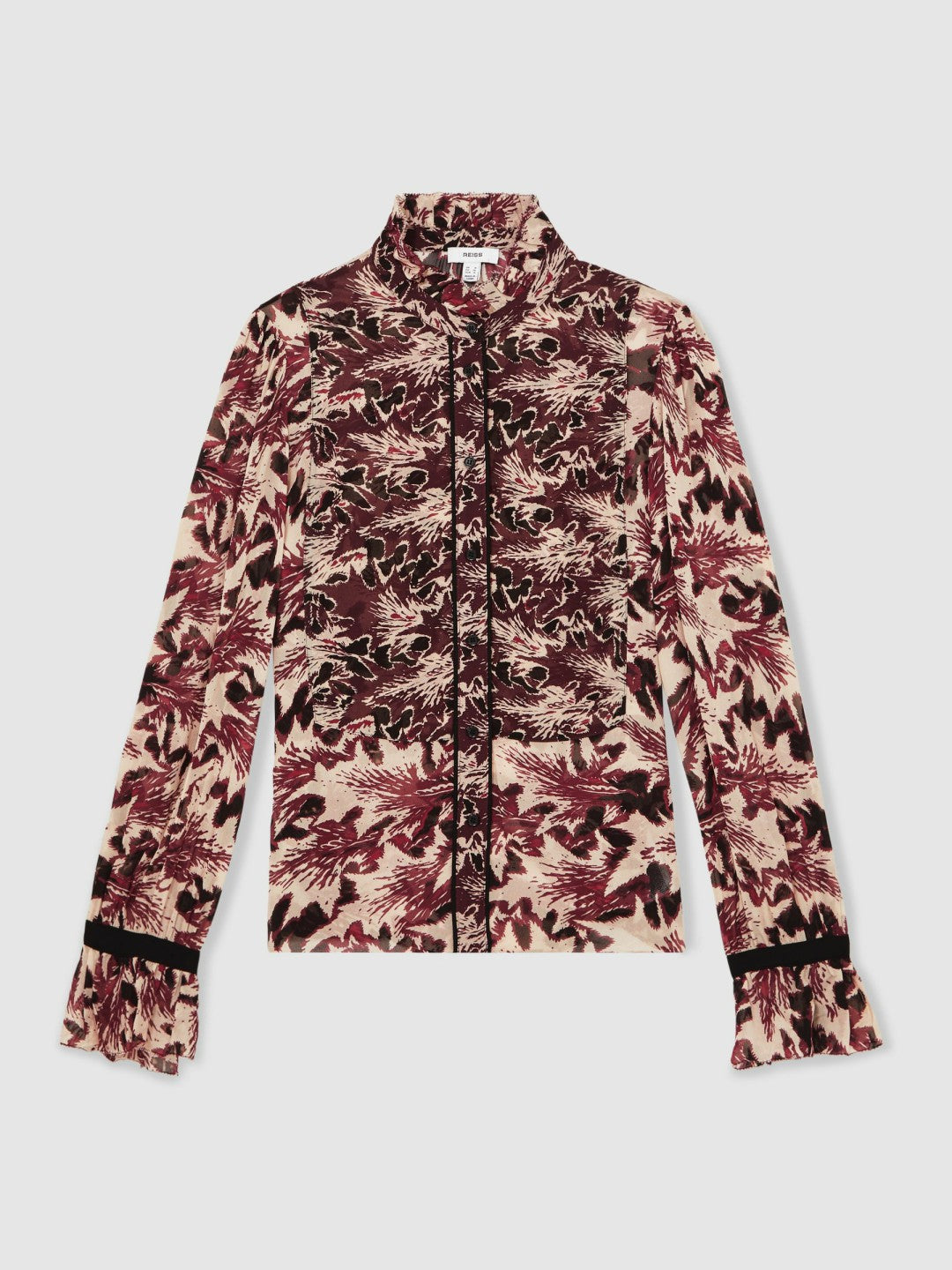 Women Abstract-Print Ruffle-Neck Shirt in Burgundy/Cream