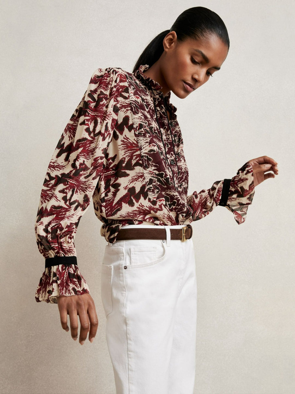 Women Abstract-Print Ruffle-Neck Shirt in Burgundy/Cream