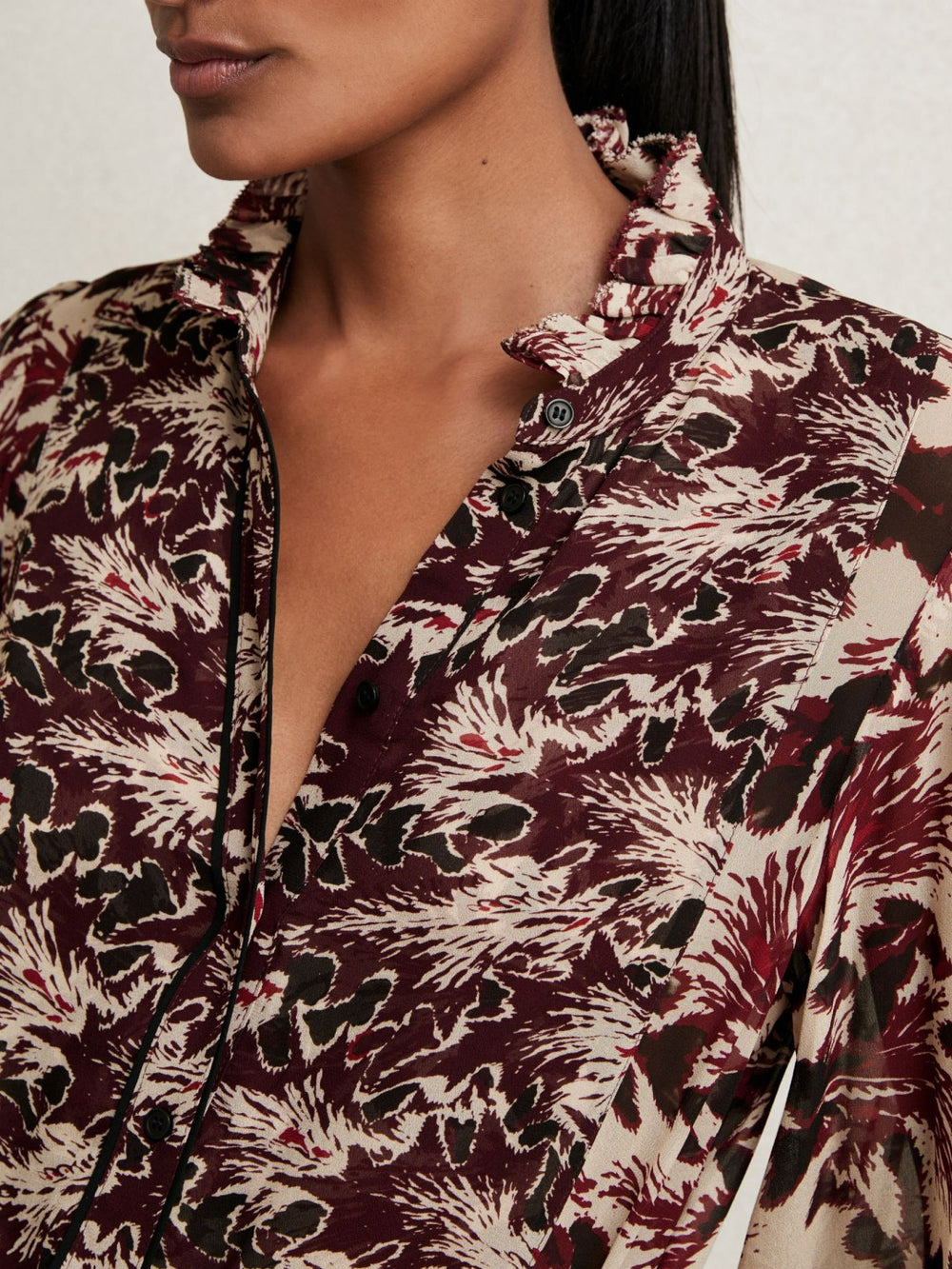Women Abstract-Print Ruffle-Neck Shirt in Burgundy/Cream