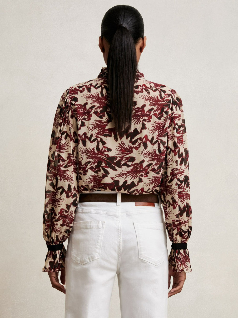 Women Abstract-Print Ruffle-Neck Shirt in Burgundy/Cream
