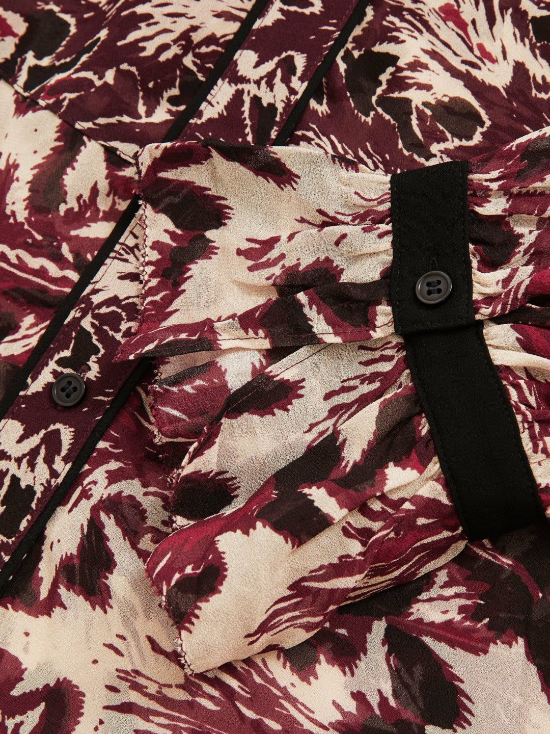 Women Abstract-Print Ruffle-Neck Shirt in Burgundy/Cream