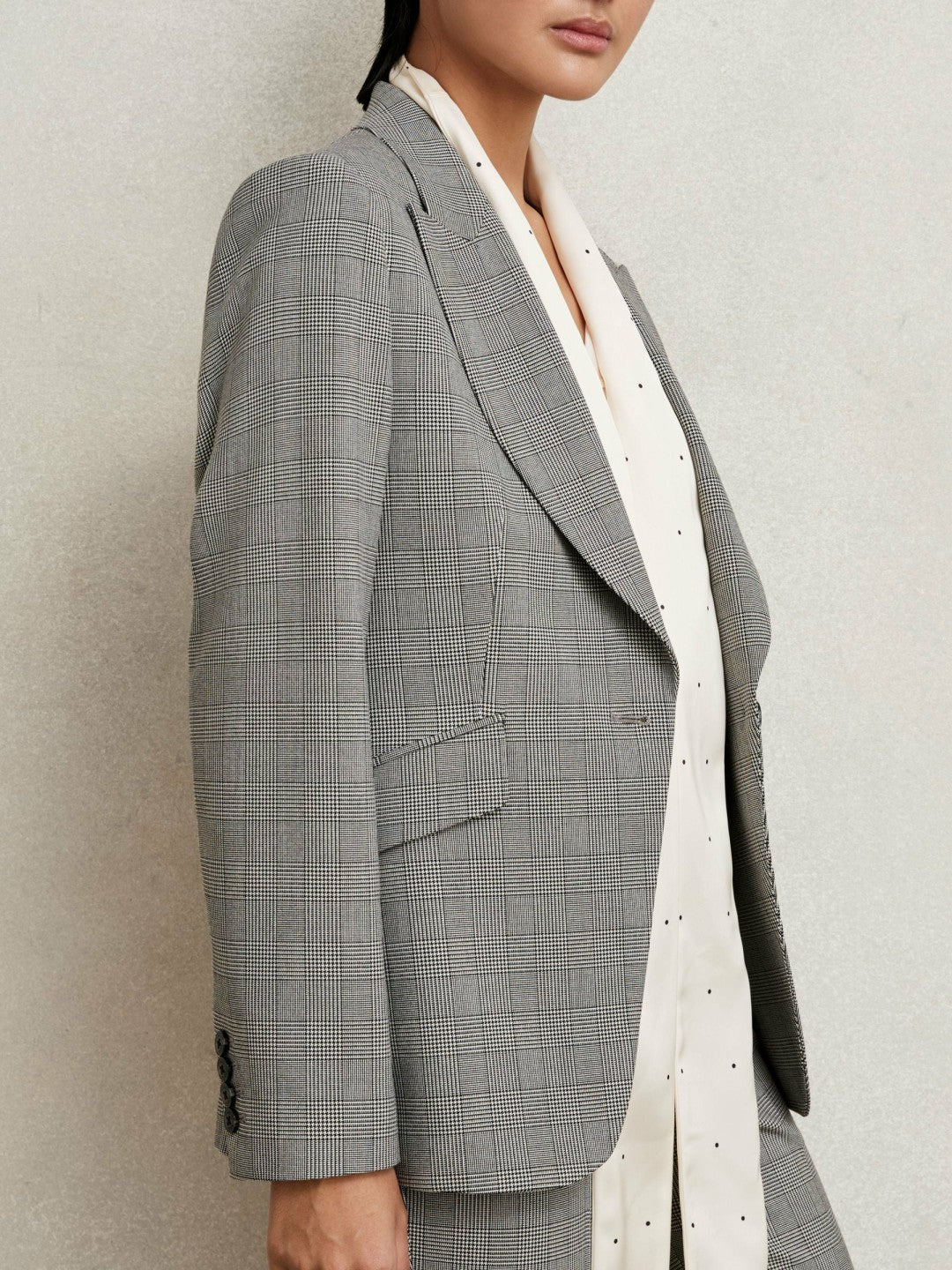 Women Single-Breasted Check Suit Blazer in Grey