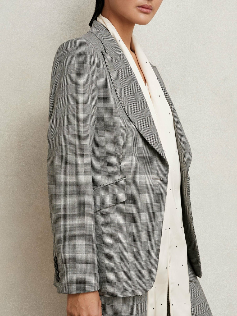 Women Single-Breasted Check Suit Blazer in Grey