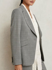 Women Single-Breasted Check Suit Blazer in Grey