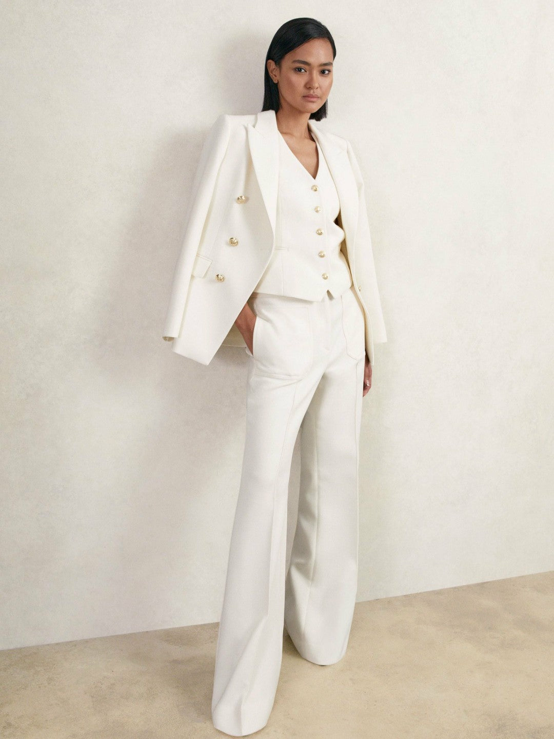 Women Single-Breasted Twill Waistcoat With Wool in White