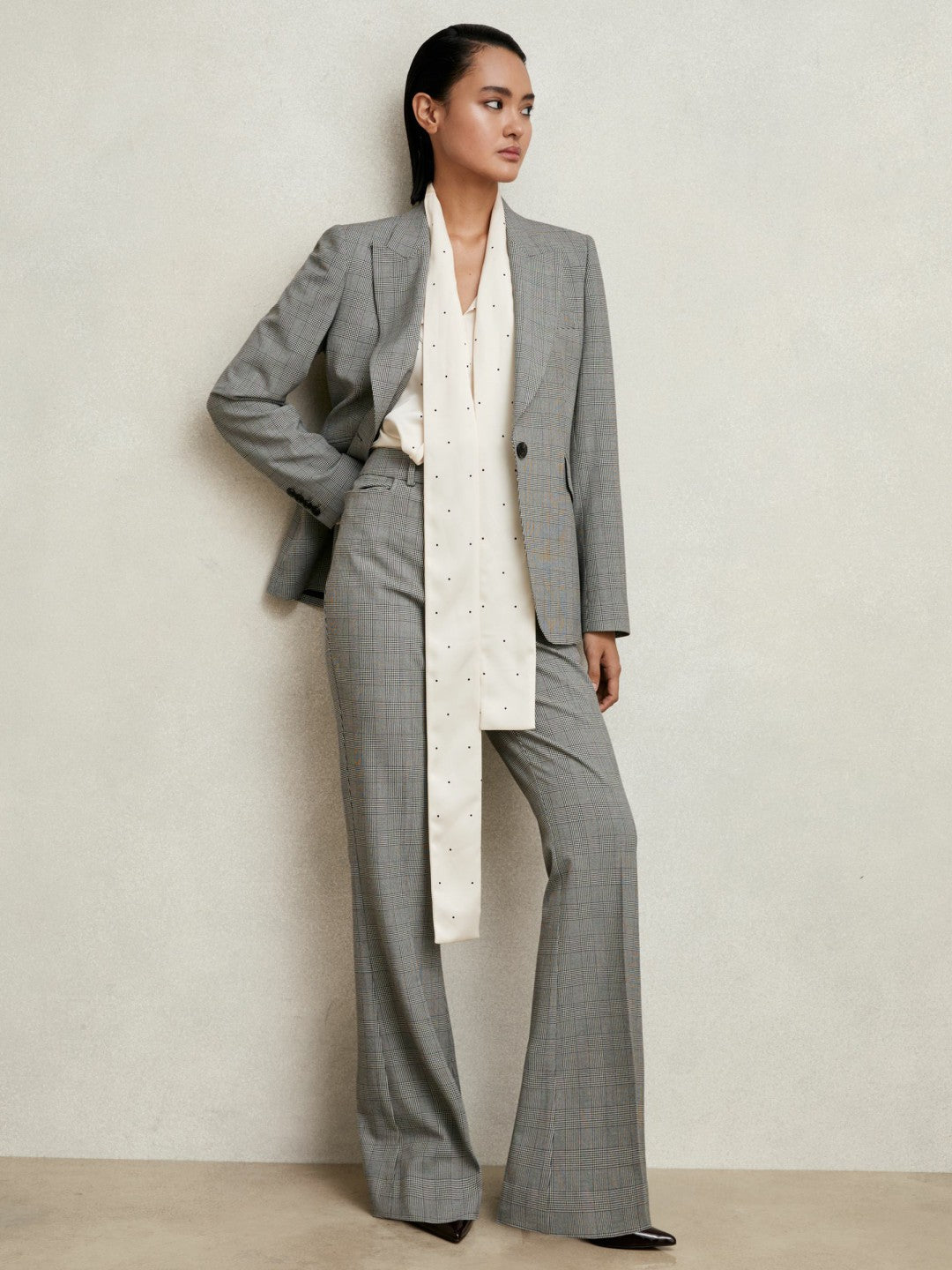 Women Petite Single-Breasted Check Suit Blazer in Grey