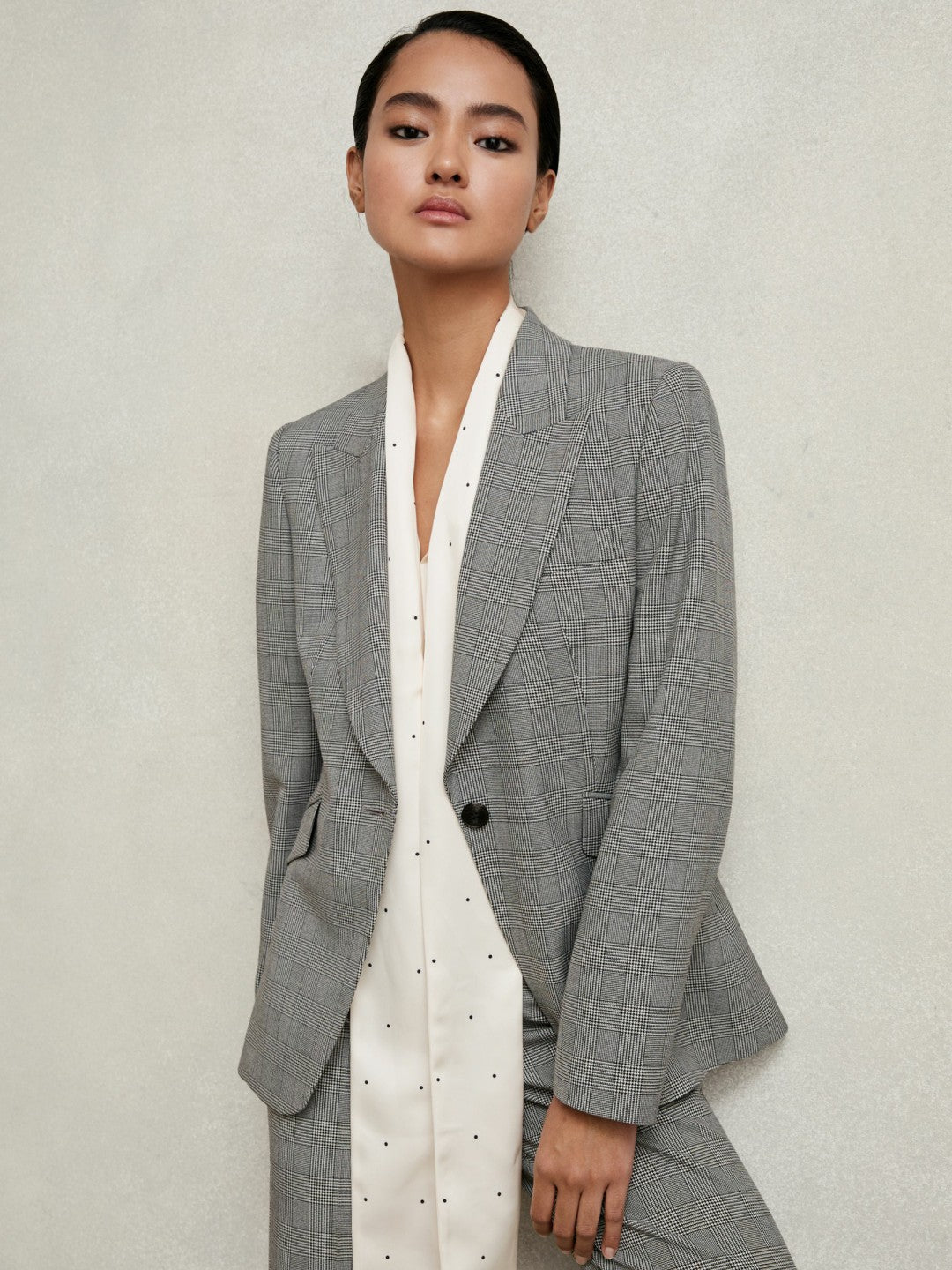 Women Petite Single-Breasted Check Suit Blazer in Grey