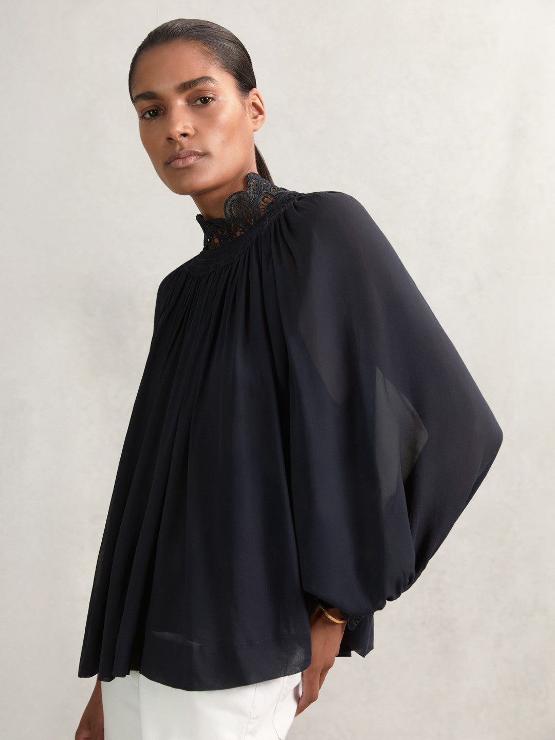 Women Lace-Trim Draped Chiffon Top in Navy
