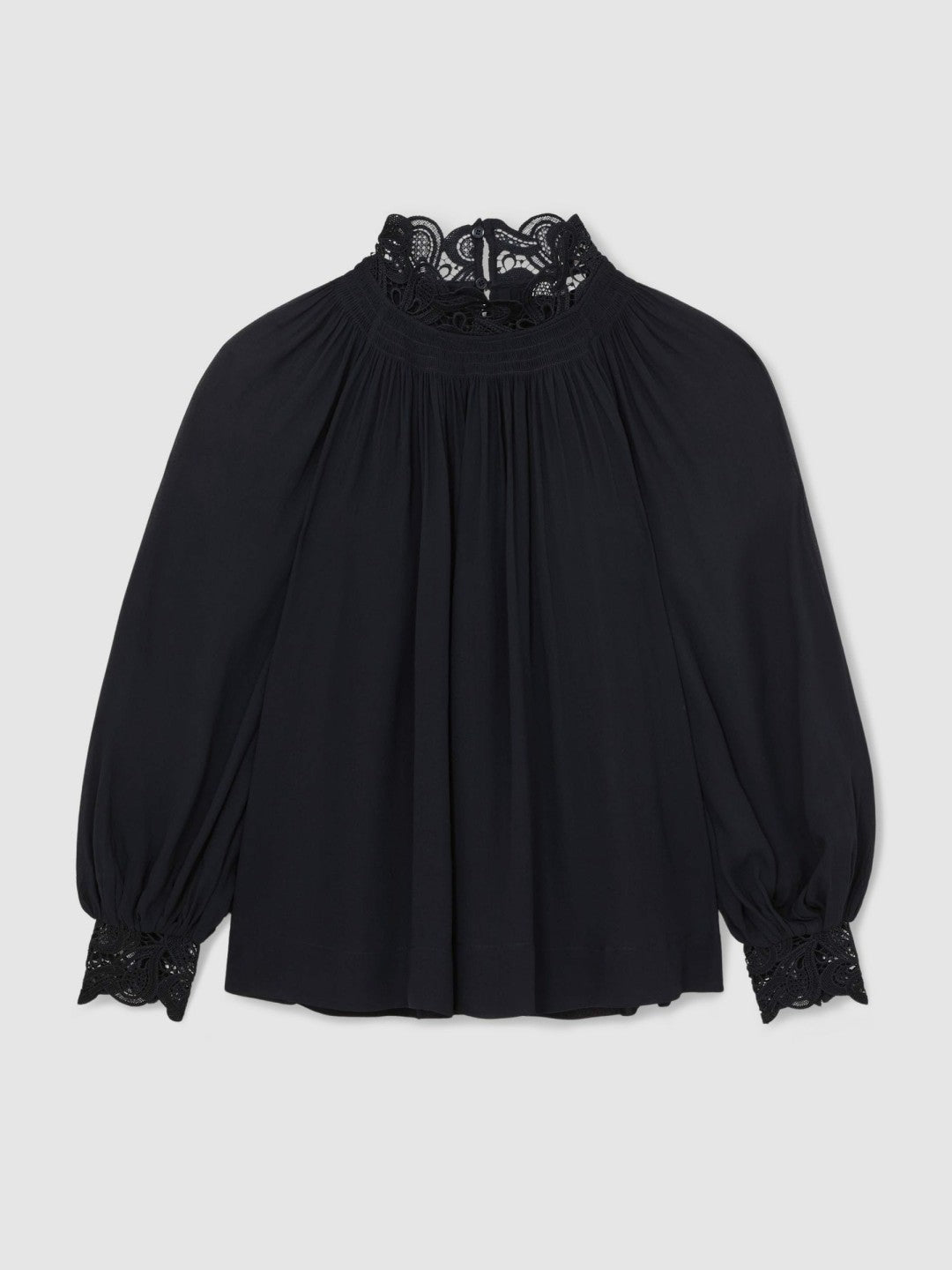 Women Lace-Trim Draped Chiffon Top in Navy