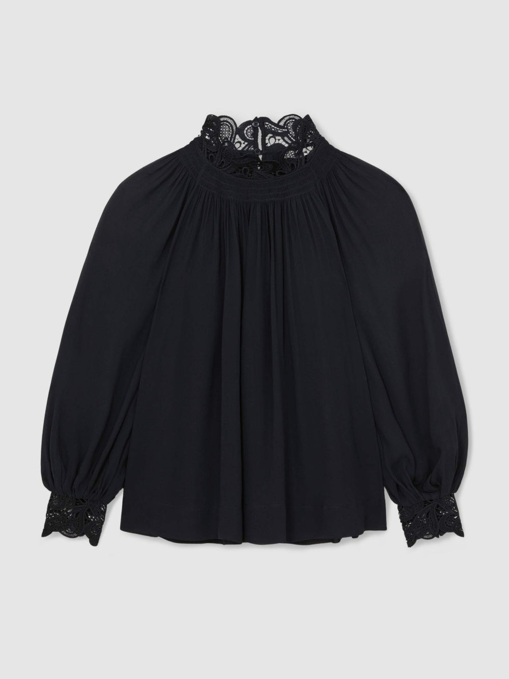 Women Lace-Trim Draped Chiffon Top in Navy