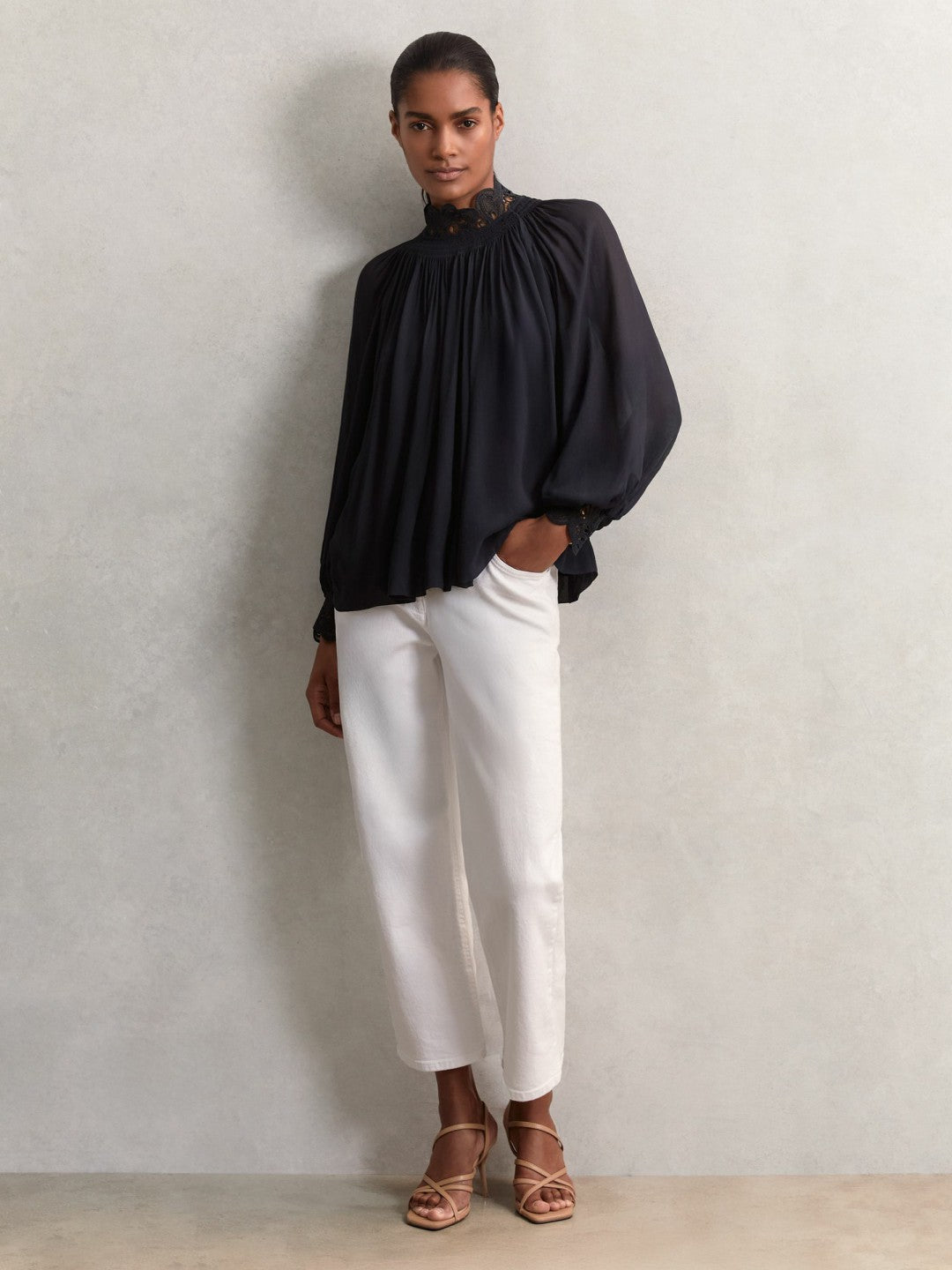 Women Lace-Trim Draped Chiffon Top in Navy