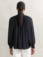 Women Lace-Trim Draped Chiffon Top in Navy