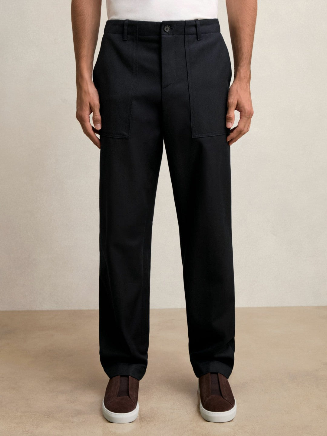 Men Lyocell Cotton Wide Utility Trousers in Navy