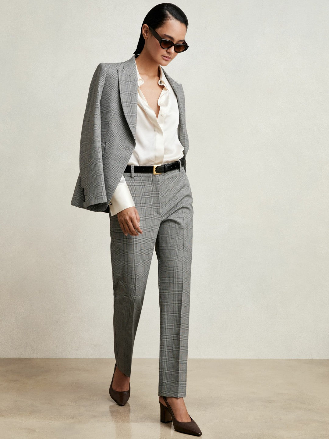 Women Petite Check Slim-Fit Suit Trousers in Grey
