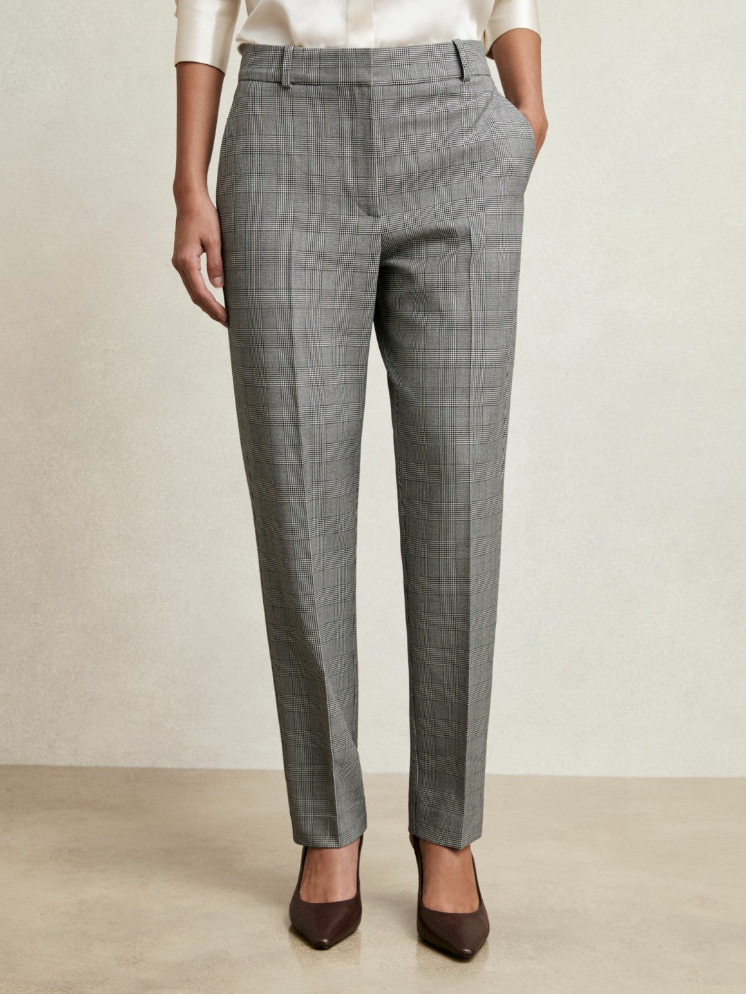 Women Petite Check Slim-Fit Suit Trousers in Grey