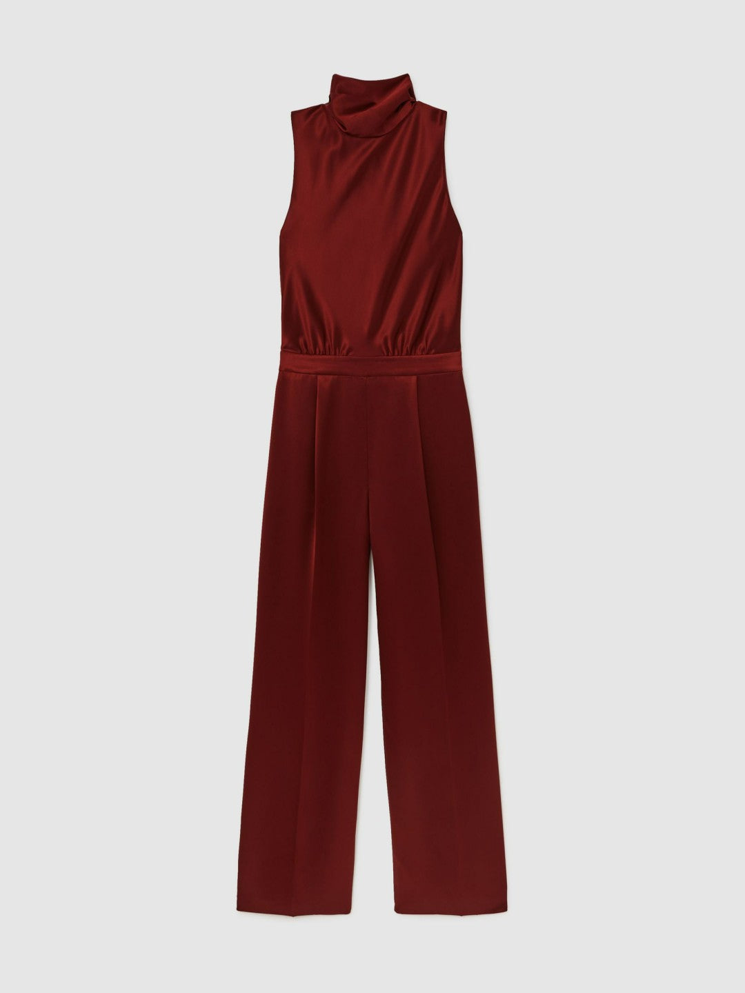 Women Petite Satin Cape-Sash Jumpsuit in Dark Red